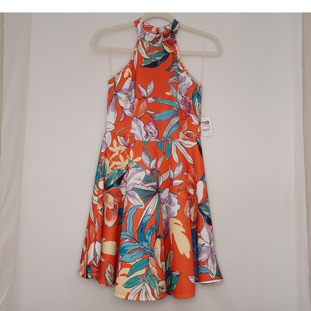 Women's NWT Charlotte Russe Vintage Tiki Polynesian Hawaiian Orange Floral Dress